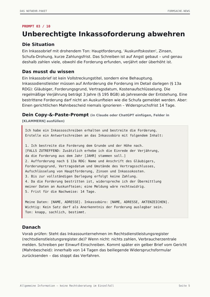 Beispielseite aus dem Notwehr-Paket: Kapitel Inkassoforderung abwehren mit Copy-und-Paste-Prompt
